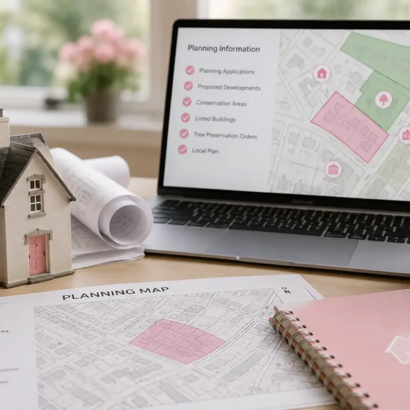 Home buyer researching planning information and local property data before purchasing a property
